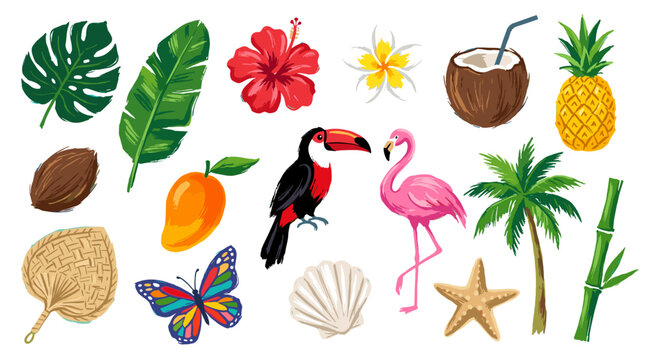 A vibrant collection of tropical elements including exotic fruits, colorful birds, lush plants, and marine life, perfect for summer themes.