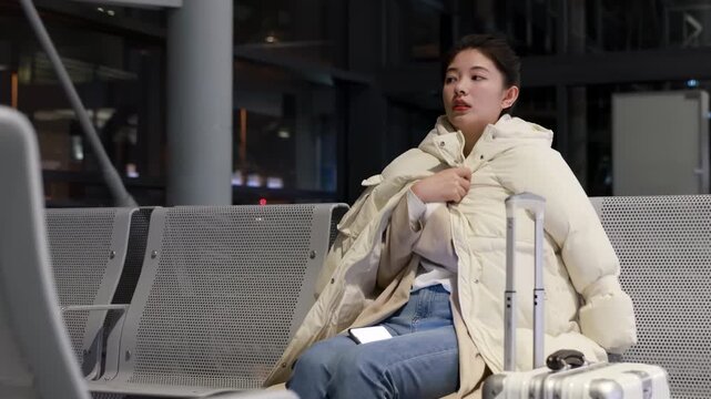 Attractive young female passenger in warm clothes sitting in departure area of international airport terminal with suitcase standing nearby waiting for flight next to her suitcase. Travel, emigration