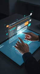 Fototapeta premium Person interacts with digital interface with email icons on tablet screen, representing communication, connectivity and information flow within technology