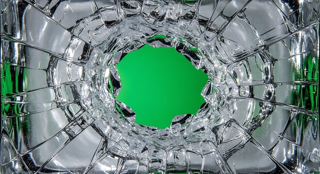 Shattered glass with green background.