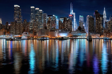 Fototapeta premium New York City skyline at night reflected in water