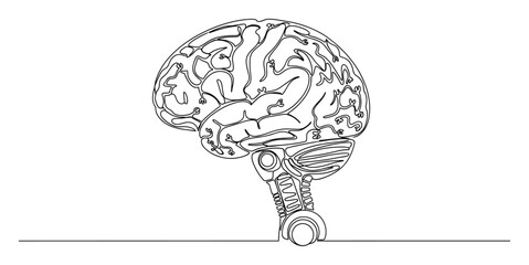 Fototapeta premium Continuous line drawing of a human brain merging with intricate mechanical robotic parts illustrating artificial intelligence and technological evolution for scientific presentations and