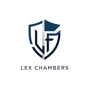 Modern Blue and Grey Monogram Logo with Stylized LF Initials within a Shield for Lex Chambers on Isolated White Background