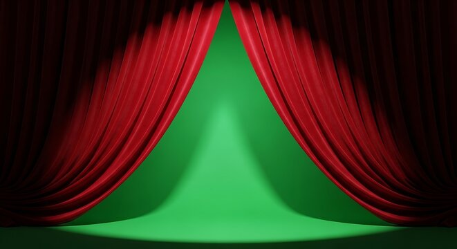 Dramatic red curtains on green stage.
