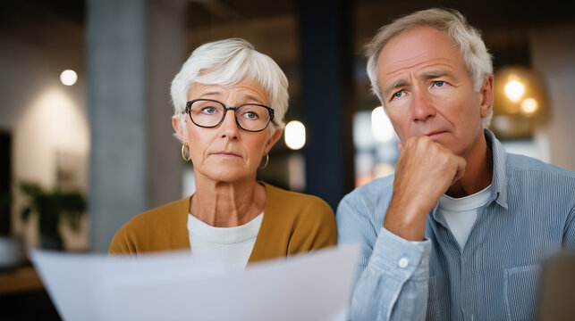 Aging couple sits in financial advisor office reviewing insufficient retirement savings, anxiety visible as numbers reveal extended working years required, ideal for retirement planning stress, fina