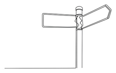 Obraz premium A minimalist continuous line drawing of a signpost with two blank directional signs offering a clear visual for themes of choice, guidance, and future planning in various applications