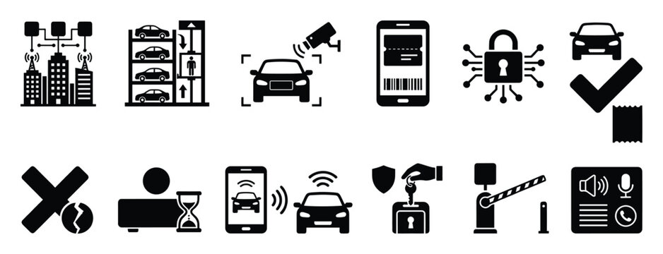 Collection of smart parking icons representing urban mobility solutions automated garages connected cars mobile applications security and payment systems for modern city infrastructure