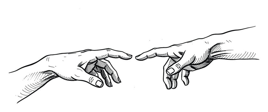 Handdrawn line artwork of two human hands reaching for connection, symbolizing creation and unity, useful for religious, philosophical, or relationship oriented designs.