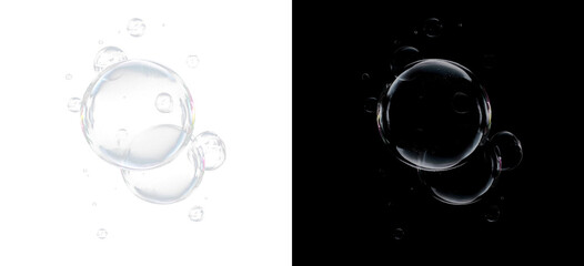 Realistic Soap Bubbles Set, Transparent Water Sphere Overlay on Black and White Background © lolita PnG