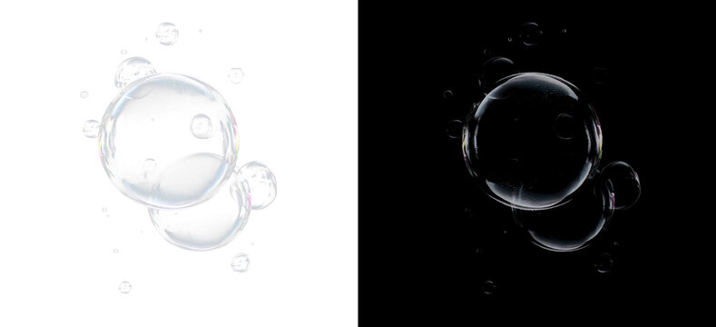 Realistic Soap Bubbles Set, Transparent Water Sphere Overlay on Black and White Background