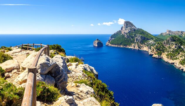 Stunning coastal landscape view from a rocky cliffside in Cap de Formentor