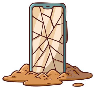 Cartoon smartphone with cracked screen buried in sand, broken technology concept.