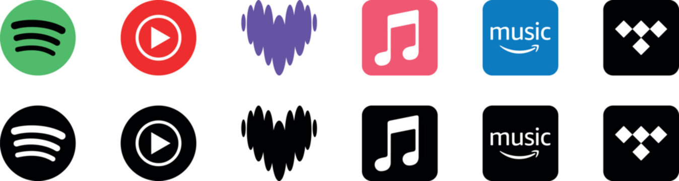 Music streaming service logos collection. Spotify, YouTube Music, Apple Music, Amazon Music, Deezer, and Tidal vector icons set.