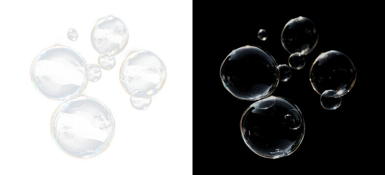 Transparent soap bubbles with a glossy surface and iridescent highlights. Floating water spheres with a clear liquid texture, isolated on a black and white background.