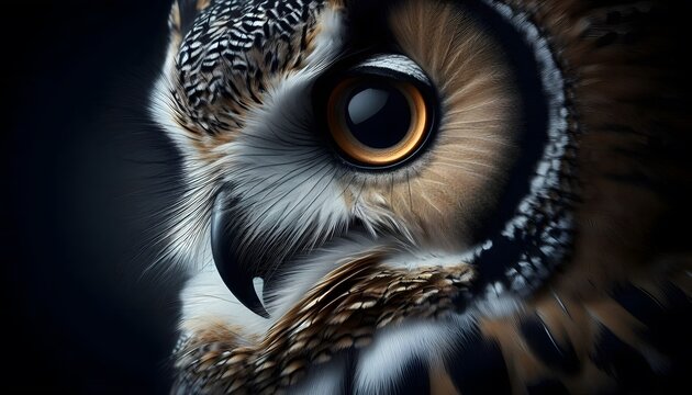 Closeup of a brown owl with large round eye and detailed feathers in a dark background bird