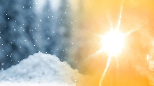 Different weather views. snowstorm with sunshine and hot weather from the sky. Extreme weather concept, climate change or global warming