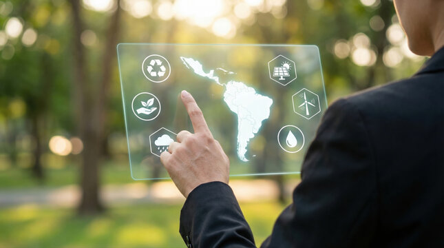 Esg sustainability report corporate icon hover over latin america forest background