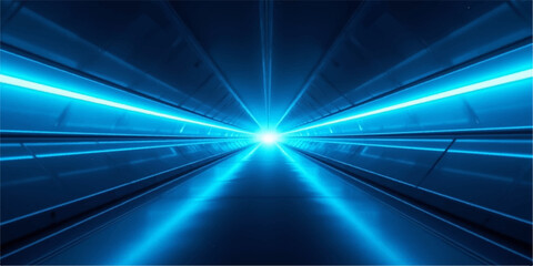 A fast moving train rushes through a glowing tunnel of blue light and laser lines, creating a motion blur design with energy waves and light rays against a dark space backdrop © Alpha Designs