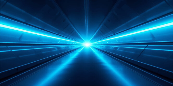 A fast moving train rushes through a glowing tunnel of blue light and laser lines, creating a motion blur design with energy waves and light rays against a dark space backdrop