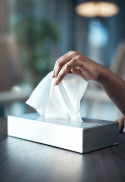 Hands, sick and woman with tissue in home for allergies, hygiene and cold symptoms. Female person, box and disposable napkin for hayfever, germ prevention and congestion from influenza recovery