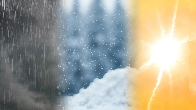 Different weather views.snowstorm, Rain and thunder from dark clouds with sunshine and hot weather from the sky. Extreme weather concept, climate change or global warming