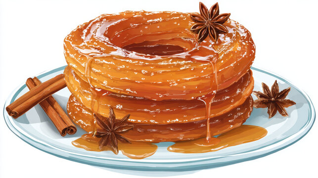 Caramel donut stack sweet dessert syrup glaze pastry ring sugar topping baked snack cinnamon spice star anise tasty treat breakfast food Caramel donut stack sweet dessert with syrup glaze over