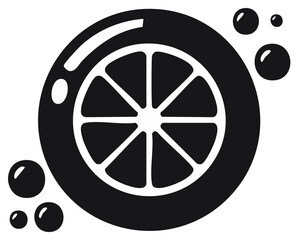 Fototapeta premium Black and white vector illustration of a citrus fruit slice with shiny bubbles around it.