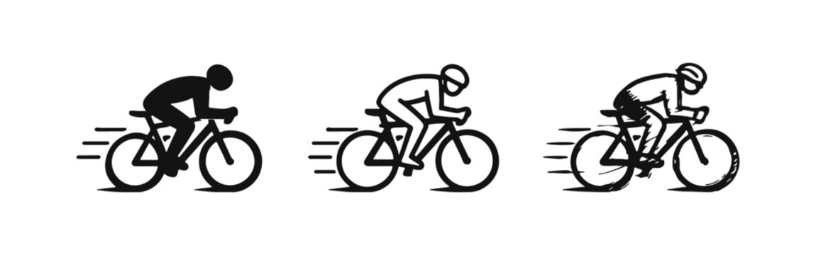 Bicycle rider icon set with speed, cycling sport and activity vector isolated illustration.