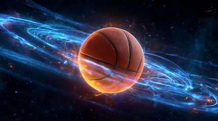 Fototapeta premium A glowing orange basketball flies through deep space surrounded by stars and nebula, blending sport and cosmic fantasy in a surreal futuristic scene.