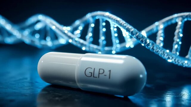 GLP-1 white capsule pill with glowing DNA double helix on a dark navy blue background. Advanced biotechnology, diabetes treatment and weight loss medicine concept