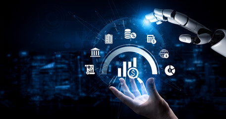 A robotic hand engages with floating digital icons and graphs, symbolizing technology, finance, and the future of automation in business and economic growth. Ledger © InfiniteFlow