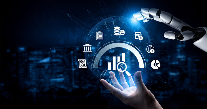 A robotic hand engages with floating digital icons and graphs, symbolizing technology, finance, and the future of automation in business and economic growth. Ledger
