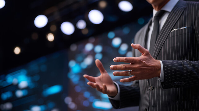 Businessman gesturing while giving presentation on stage. Speaker in suit delivering speech at professional business conference. Leadership, corporate communication and public speaking event.