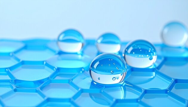 Spherical water droplets rest on a glowing hexagonal grid, symbolizing hydrophobicity, nanostructured materials, and advanced scientific innovation in chemistry and physics.