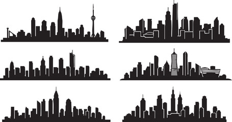 Naklejka premium Black and white city skylines with various buildings and towers urban landscapes