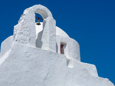 Snow white Orthodox Paraportiani Church is a landmark of the Mykonos island in Greece