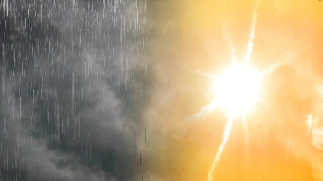 Different weather views. Rain and thunder from dark clouds with sunshine and hot weather from the sky. Extreme weather concept, climate change or global warming