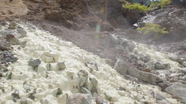 Close up view of the hot stream and sulfur sediments on the volcano of Mendeleev on Kunashir island. Russia