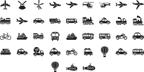 Fototapeta premium Black and white collection of transportation vehicle travel black and white silhouette airplane