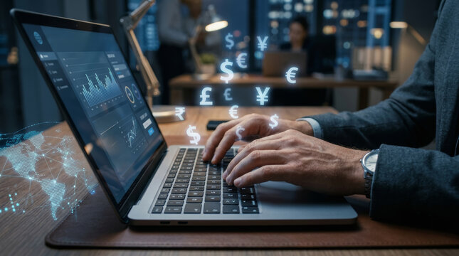 Focused businessman typing on laptop managing global cross border e commerce finance with virtual currency symbol floating above wooden desk