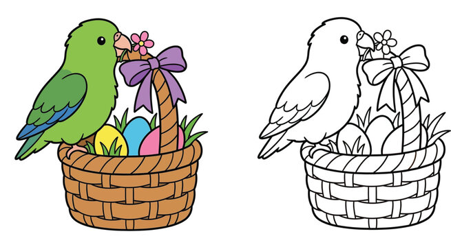 Cute Parrotlet with Easter Basket Colorful Bird & Eggs Illustration with Line Art