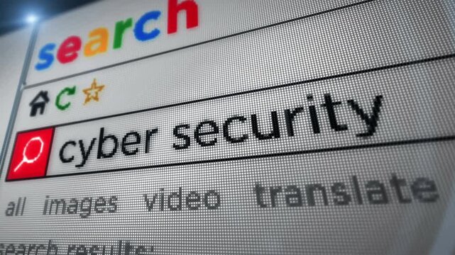 Cyber security text typing on browser screen. Searching internet with monitor pixel display macro view.