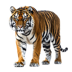 Obraz premium Full Body Portrait of a Majestic Tiger Walking Forward Isolated on White Background with Intense Eyes and Distinctive Orange Fur Stripes