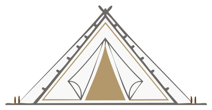 Stylized teepee shelter with geometric patterns and natural earth tones for outdoor adventure