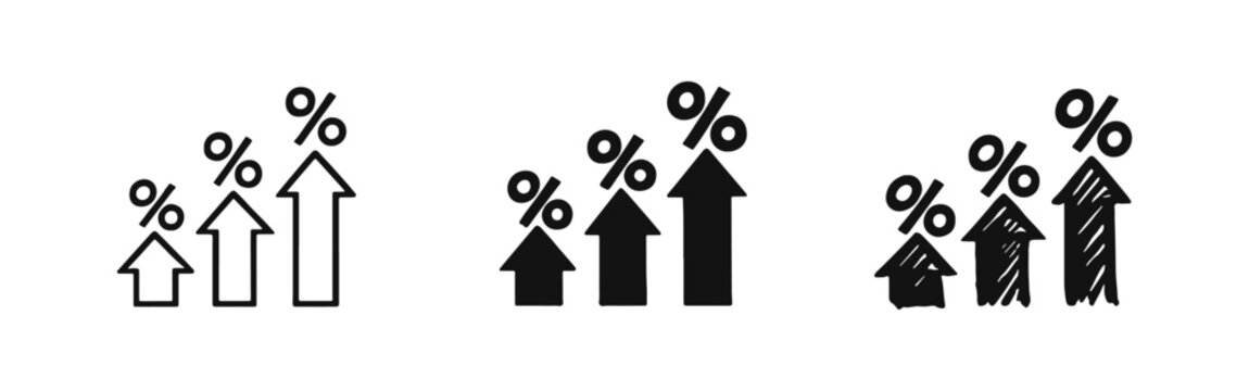 Increasing percentage with upward arrows icon set for growth, interest rates, or inflation
