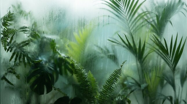 Lush green tropical foliage is viewed abstractly through a steamy condensation covered glass window creating a moody atmosphere.