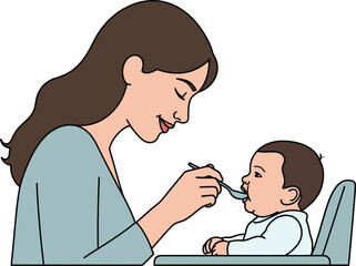 Fototapeta premium Caring adult woman gently feeds pureed food to an infant seated securely in a high chair with a spoon.