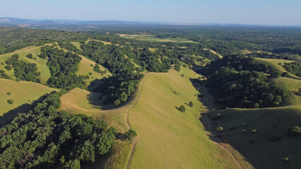 Naklejka premium Tranquil sunny summer landscape with green fields and hills in south-eastern Europe, Serbia.