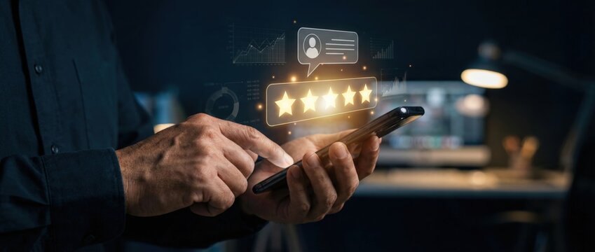 Customer feedback collection digital environment mobile usage night setting user engagement concept with star ratings