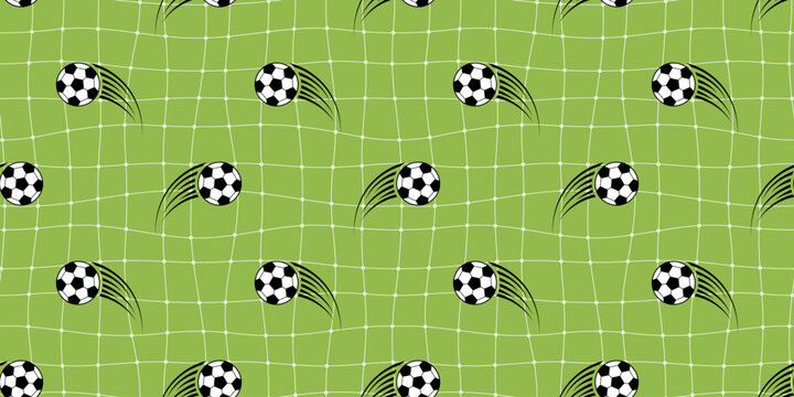 Soccer ball pattern seamless football texture and boy sport vector. Design doodle print for gingham border cute and hexagon bg world cup. Soccer background wallpaper for seamless net graphic